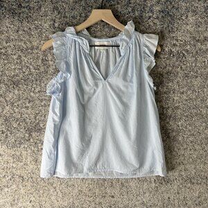 Xirena Shirt Womens XS Light Blue Ruffle Sleeveless V Neck Made in USA‎ Cotton